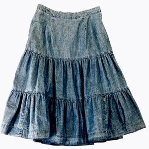 St John’s Bay Tiered Full Skirt Blue Cotton Chambray Sz L #61V